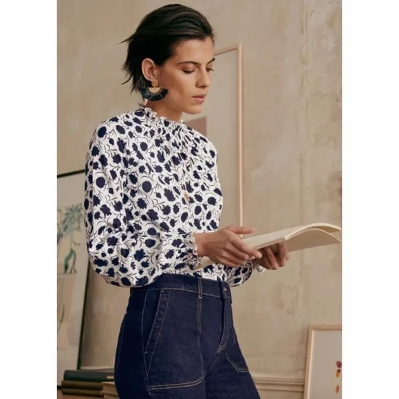 Boden Tops - Boden Ruffle High Neck Long Sleeve Floral Blouse Shirt Blue White Womens 4